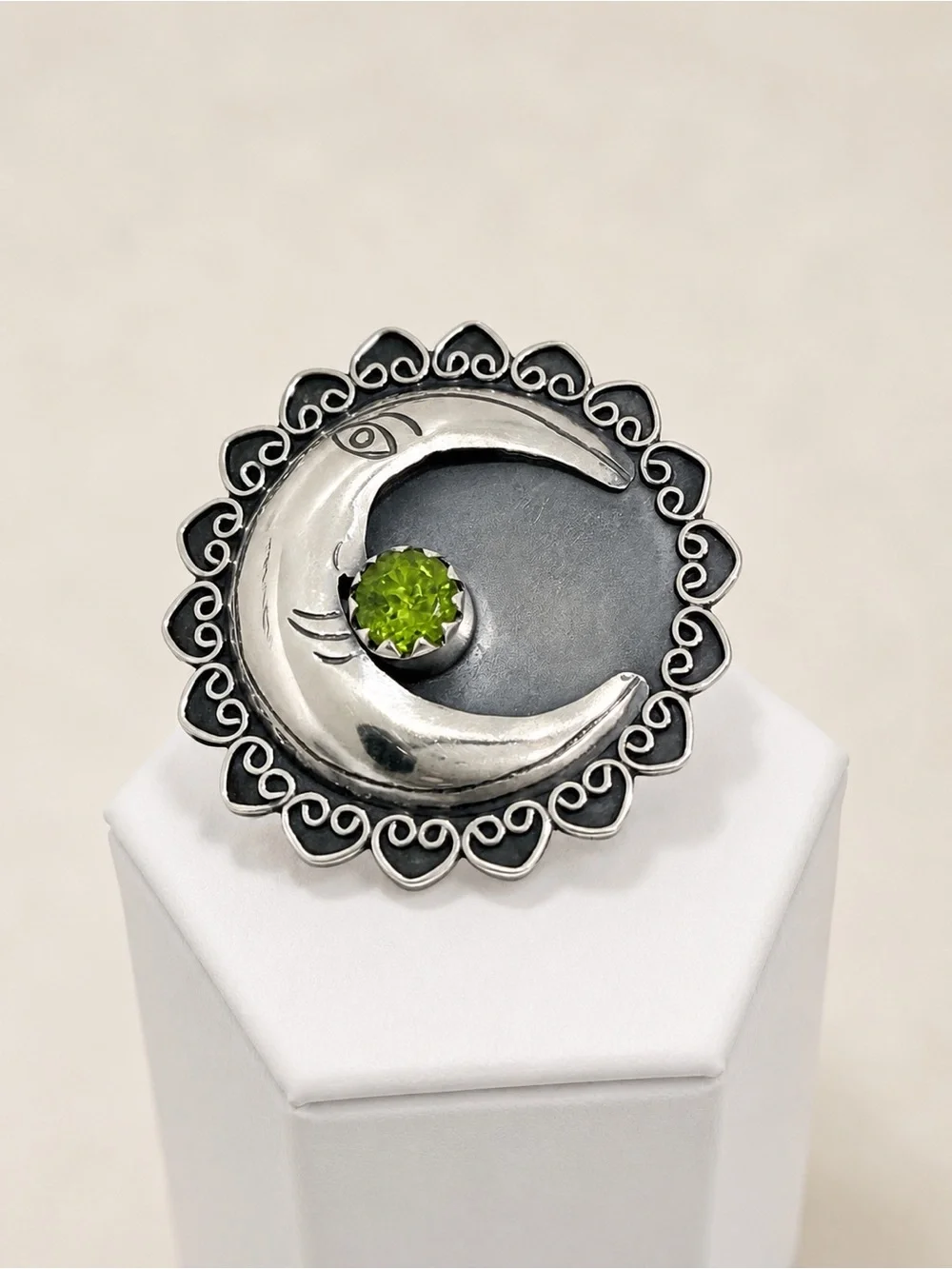 950 Sterling Silver Crescent Moon Ring with Peridot Stone